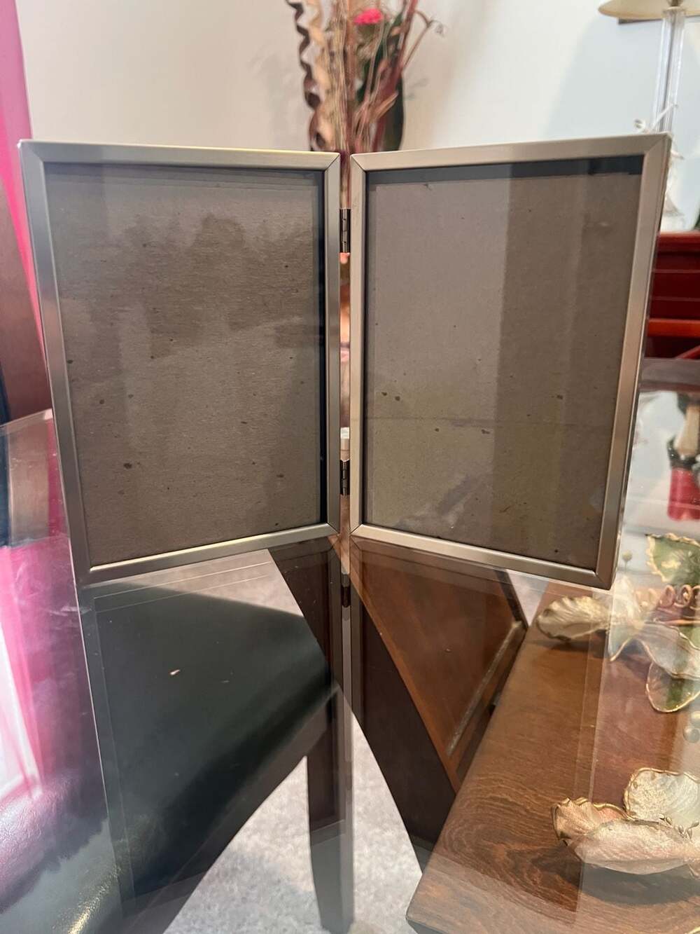 Double Hinged Brushed Metal and Black Faux Leather Picture Frame